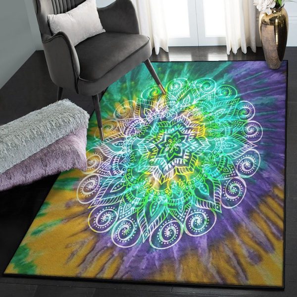 Sacred Lotus Modern Rugs Lotus Flower Tie Dye Mandala Rug Rectangle Rugs Washable Area Rug Non-Slip Carpet For Living Room Bedroom