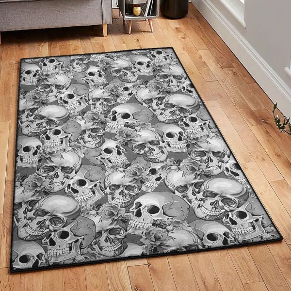 Skeleton Dining Room Rug Monochrome Skull Flowers Rug Rectangle Rugs Washable Area Rug Non-Slip Carpet For Living Room Bedroom