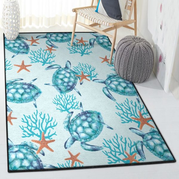 Natural Coral Coatal Life Coral And Turtle Rug Rectangle Rugs Washable Area Rug Non-Slip Carpet For Living Room Bedroom