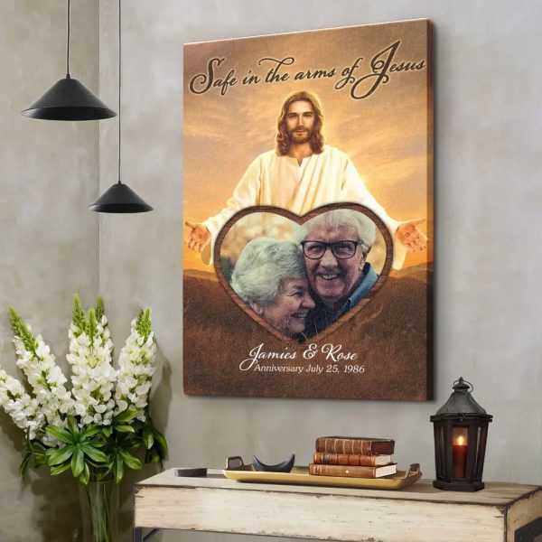 Personalized Safe In The Amrs Of Jesus Canvas, Custom Memorial Wall Art, God Canvas And Poster, Memorial Poster, Christian DemCanvas